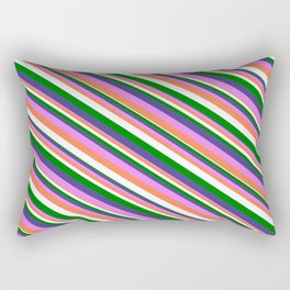 [ Thumbnail: Dark Slate Blue, Violet, Coral, White, and Green Colored Lined/Striped Pattern Rectangular Pillow ]