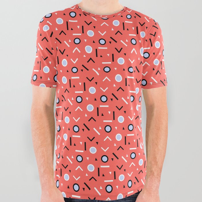 Memphis Tribes Coral Retro Style Geometric Pattern All Over Graphic Tee