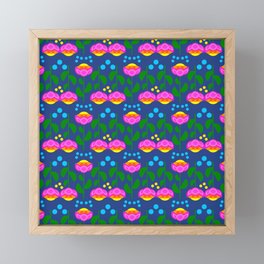 Tulip Time Colorful Spring Garden Mini Modern Scandi Flowers And Dots Geo Hot Pink And Orange Floral Pattern With Yellow And Turquoise On Navy Blue Framed Mini Art Print