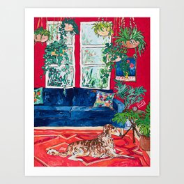 Red Interior with Borzoi Dog and House Plants Painting Art Print