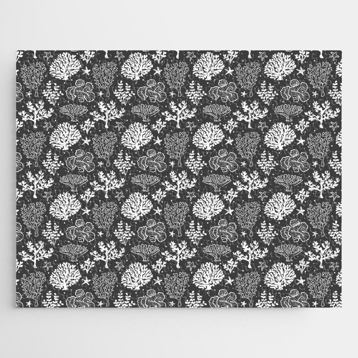 Dark Grey And White Coral Silhouette Pattern Jigsaw Puzzle