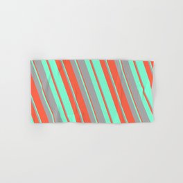 [ Thumbnail: Red, Aquamarine, and Dark Grey Colored Lined/Striped Pattern Hand & Bath Towel ]