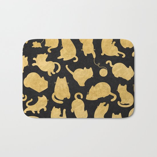 Gold on Black Kitty Pattern Bath Mat