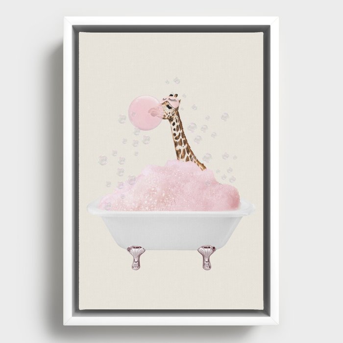 Giraffe in bath Pink foam Framed Canvas