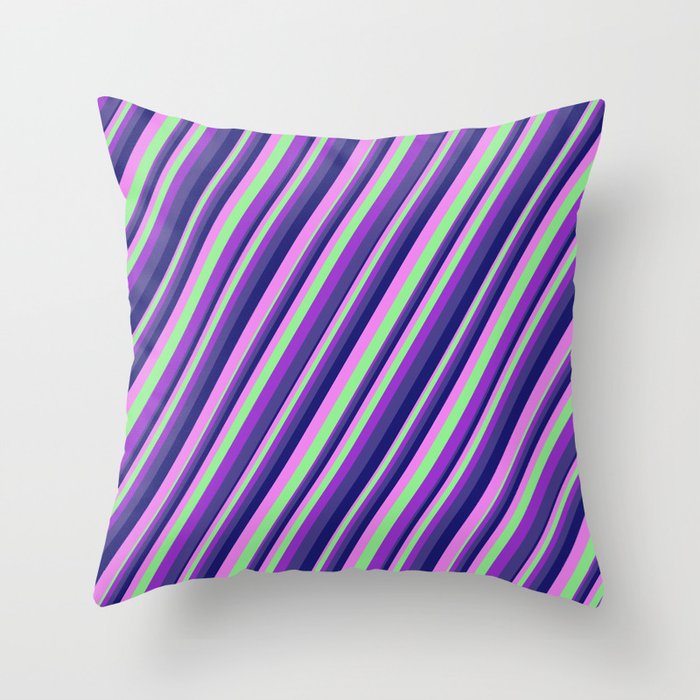 Colorful Light Green, Dark Orchid, Dark Slate Blue, Midnight Blue, Violet Colored Striped Pattern Throw Pillow