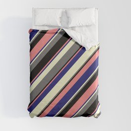 [ Thumbnail: Eye-catching Light Coral, Midnight Blue, Light Yellow, Dim Grey, and Black Colored Striped Pattern Duvet Cover ]