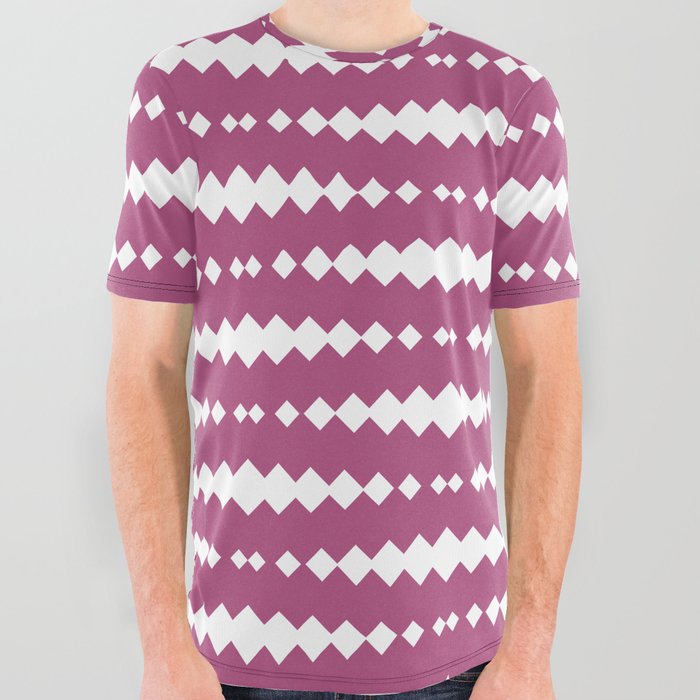 Magenta and White Geometric Horizontal Striped Pattern All Over Graphic Tee
