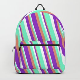 [ Thumbnail: Dark Salmon, Dark Orchid, White, and Aquamarine Colored Striped Pattern Backpack ]