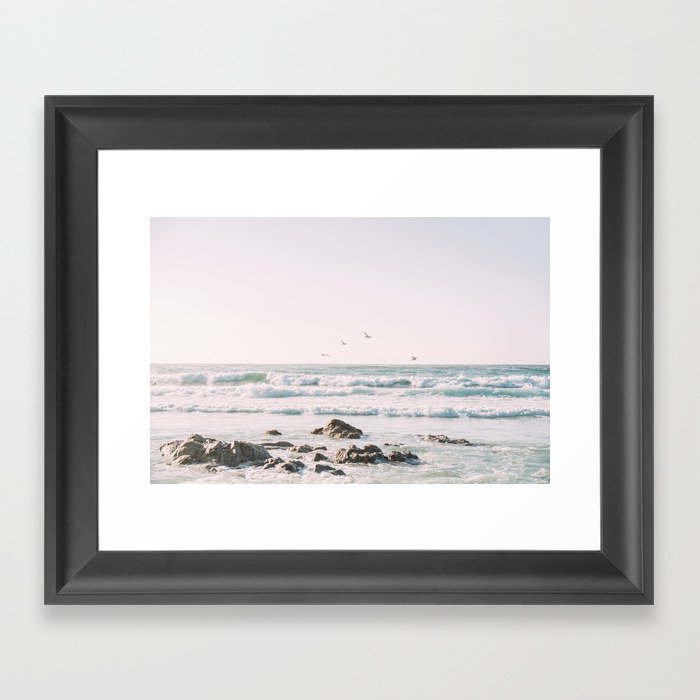 Pelicans at Sunset | Birds in Flight | Big Sur California Coast | Ocean Waves Landscape Photo Framed Art Print