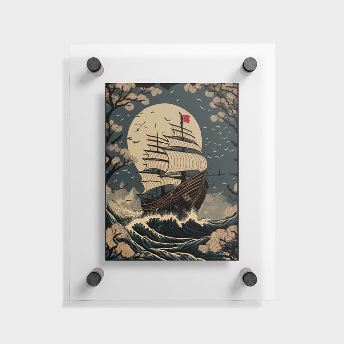 A pirate ship in the storm crossing the Pacific Ocean during full moon, huge waves splashing ukiyo-e style woodblock print Floating Acrylic Print