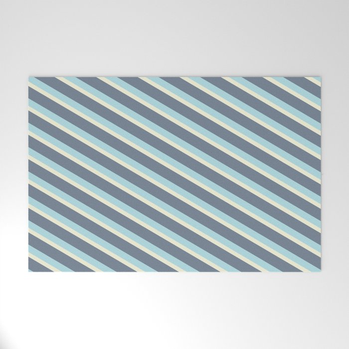 Powder Blue, Beige & Slate Gray Colored Stripes/Lines Pattern Welcome Mat