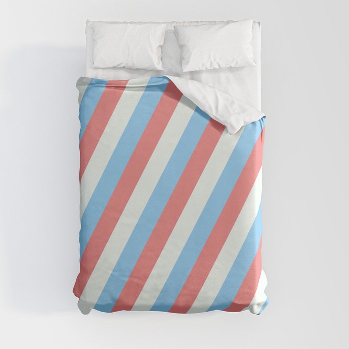 Light Sky Blue, Light Coral, and Mint Cream Colored Lined Pattern Duvet Cover