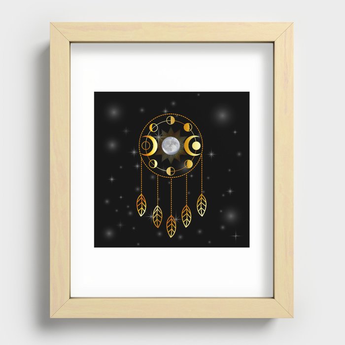 Golden Triple Goddess dreamcatcher with moon phases Recessed Framed Print