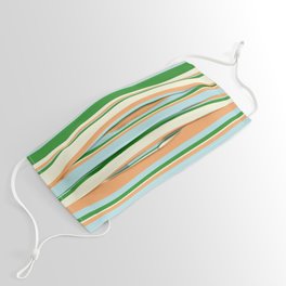 [ Thumbnail: Forest Green, Beige, Brown & Powder Blue Colored Striped Pattern Face Mask ]
