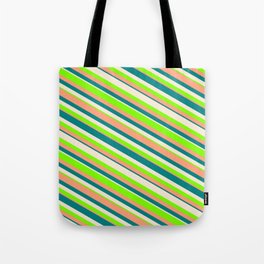 [ Thumbnail: Beige, Chartreuse, Light Salmon, and Teal Colored Lines Pattern Tote Bag ]