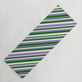 [ Thumbnail: Purple, Dark Green, and Light Yellow Colored Stripes Pattern Yoga Mat ]