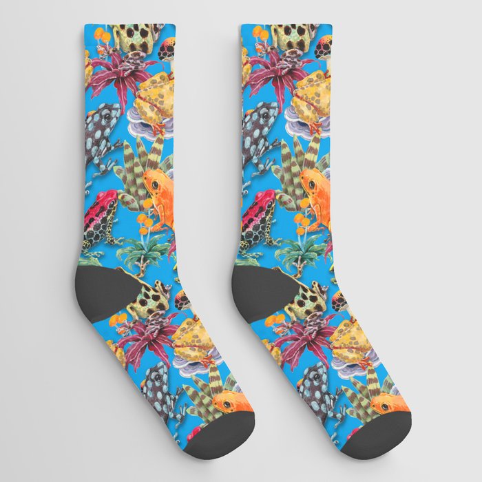Tropical Frogs and plants - blue Socks