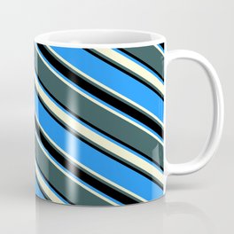 [ Thumbnail: Blue, Light Yellow, Dark Slate Gray & Black Colored Striped/Lined Pattern Coffee Mug ]