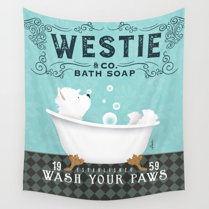Westie west highland terrier dog bath bubble bath clawfoot tub Wall Tapestry