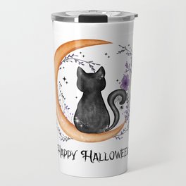 Happy Halloween cat in moon silhouette Travel Mug