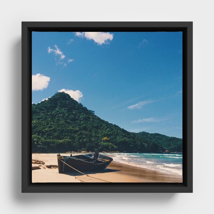 Brazil Photography - Wooden Boat At The Desolate Beach Framed Canvas