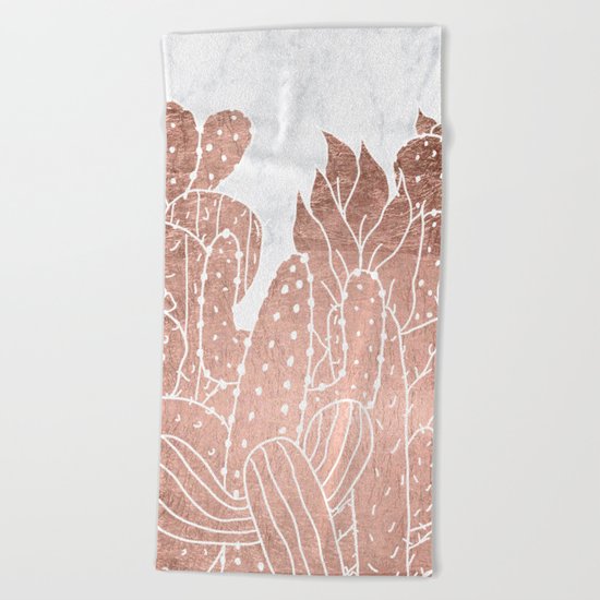 Modern faux rose gold cactus hand drawn pattern illustration white marble Beach Towel