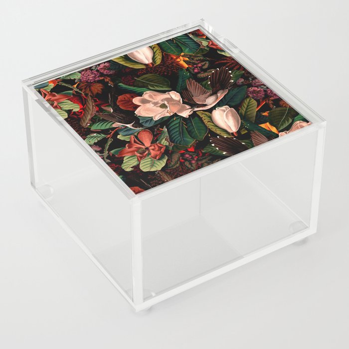 FLORAL AND BIRDS XIV Acrylic Box | Painting, Pattern, Animals, Floral, Botanical, Night, Tropical, Nature, Jungle, Leaf