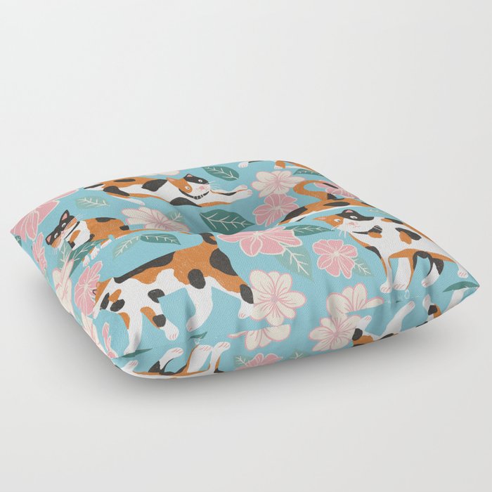 Cats & Blooms - Turquoise Pink Palette Floor Pillow