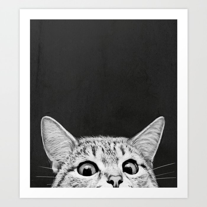 You asleep yet? Art Print | Painting, Animals, Black-white, Illustration, Pop-art, Digital, Graphic-design, Cat, Cats, Modern