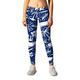 Blue and White Surfing Summer Beach Objects Seamless Pattern Leggings