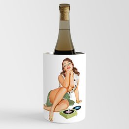 Vintage Pin Up Girl With Two Vinyls, A Green Skirt And Red Nails Wine Chiller