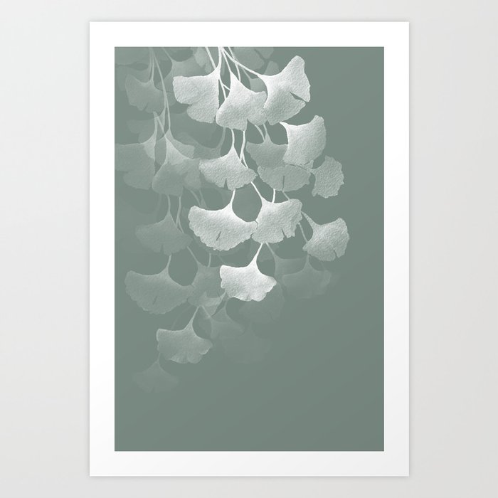 Abstract Watercolor Painting White Ginkgo Leaves - sage green Art Print