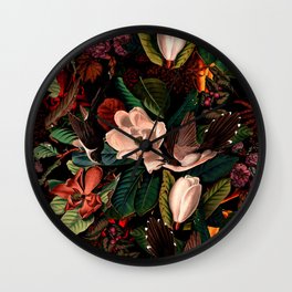 FLORAL AND BIRDS XIV Wall Clock | Retro, Leaves, Curated, Tropical, Jungle, Pattern, Birds, Botanical, Black, Forest 