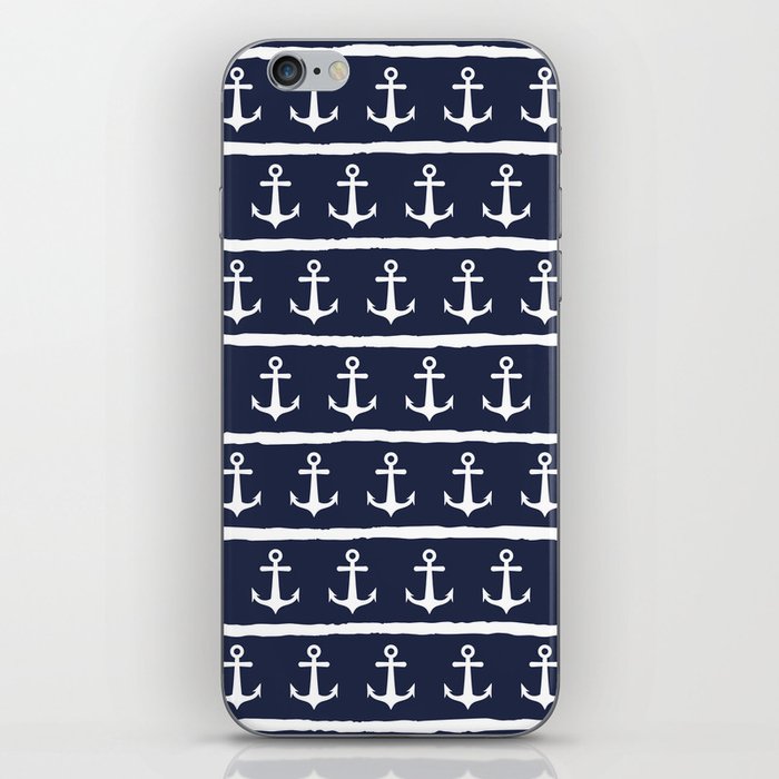 Nautical Navy Blue White Anchors Stripes iPhone Skin