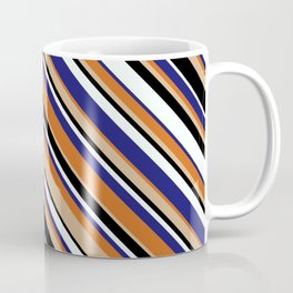 [ Thumbnail: Eyecatching Tan, Black, Mint Cream, Midnight Blue & Chocolate Colored Striped Pattern Coffee Mug ]