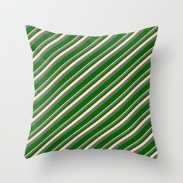 [ Thumbnail: Beige, Dim Gray & Dark Green Colored Lined Pattern Throw Pillow ]