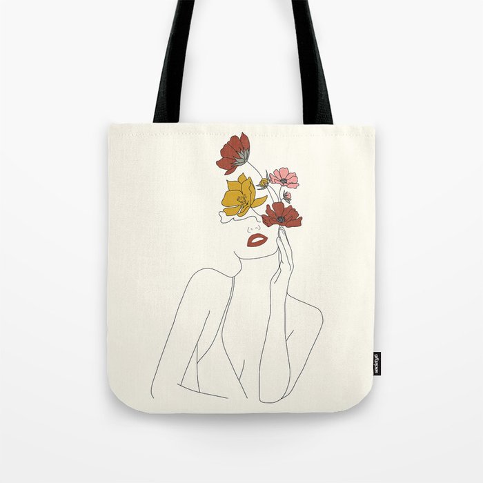 Colorful Thoughts Minimal Line Art Woman with Flowers Tote Bag
