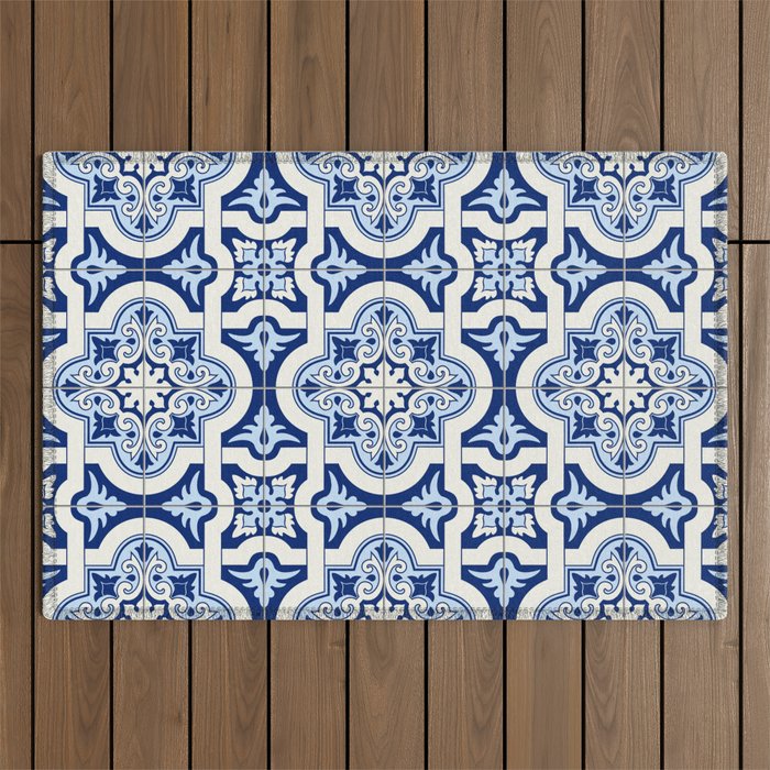 Moroccan Blue & White Tile Pattern Mediterranean Azulejos Art Outdoor Rug