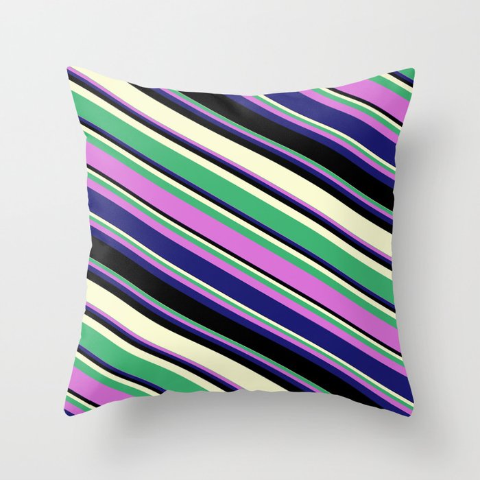 Sea Green, Orchid, Midnight Blue, Black, and Light Yellow Colored Lines/Stripes Pattern Throw Pillow
