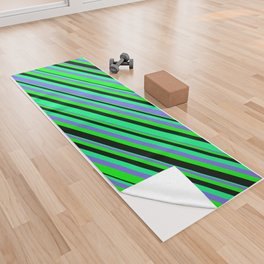 [ Thumbnail: Green, Medium Slate Blue, Lime & Black Colored Stripes/Lines Pattern Yoga Towel ]