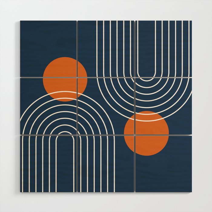 Mid Century Modern Geometric 83 in Navy Blue and Orange (Rainbow and Sun Abstraction) Wood Wall Art