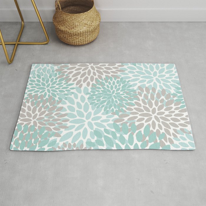 Floral Pattern, Teal, Aqua, Turquoise,Gray Rug