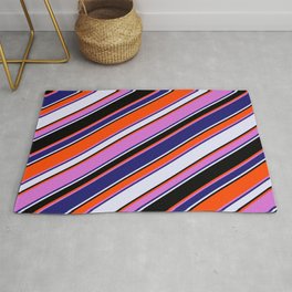 [ Thumbnail: Vibrant Red, Orchid, Midnight Blue, Lavender, and Black Colored Lines Pattern Rug ]