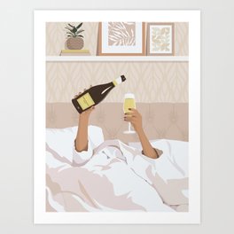 Woman in bed with bottle of champagne Art Print