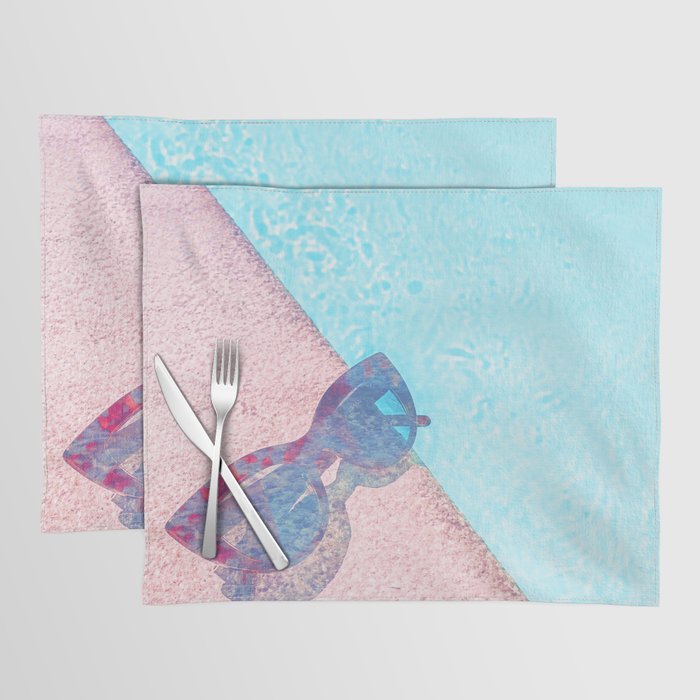 glasses poolside blue and pink impressionism painted realistic still life Placemat