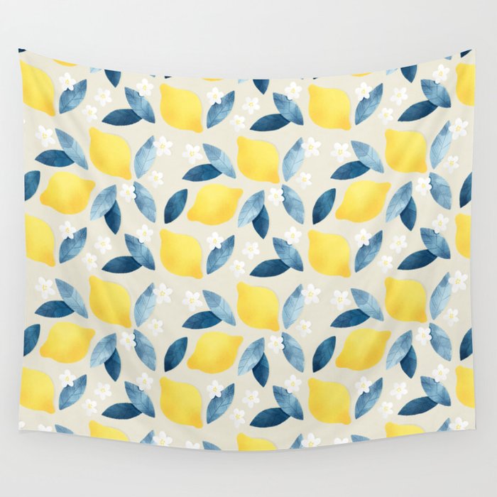 Lemons and Blue Leaves Pattern Wall Tapestry