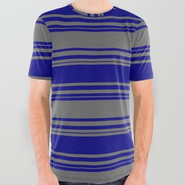 [ Thumbnail: Blue and Dim Grey Colored Stripes Pattern All Over Graphic Tee ]