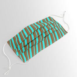 [ Thumbnail: Aqua and Brown Colored Lined/Striped Pattern Face Mask ]