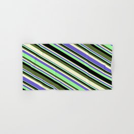 [ Thumbnail: Eye-catching Green, Black, Dark Olive Green, Light Yellow, and Slate Blue Colored Stripes Pattern Hand & Bath Towel ]