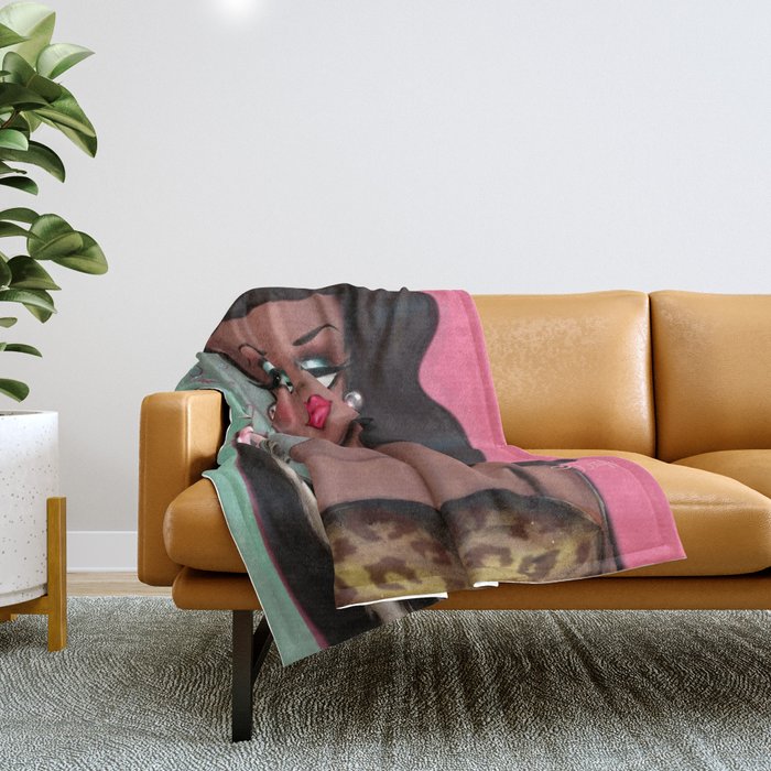 Brunette Pinup Girl with Pink Champagne Throw Blanket